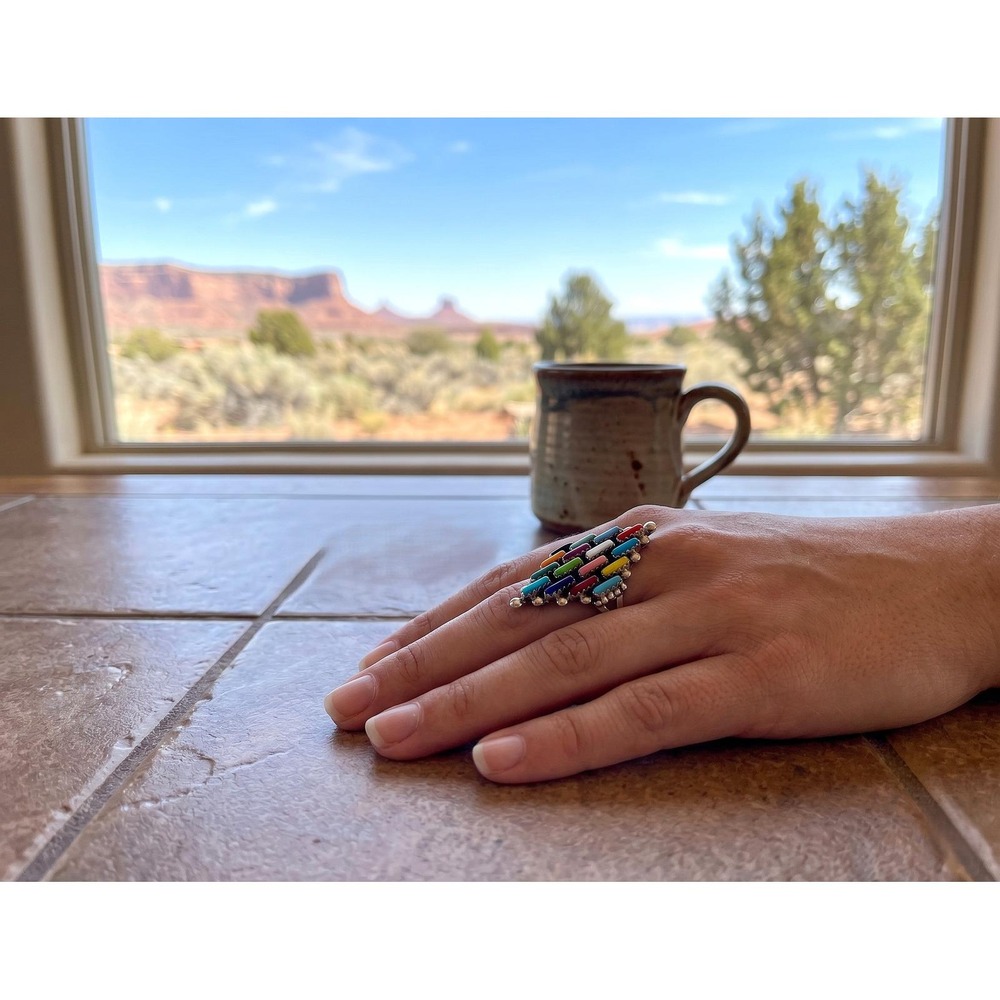 Navajo Turquoise Cluster Ring - Signed S Shorty Sz 7.25US Handmade Native ** - Picture 7 of 8